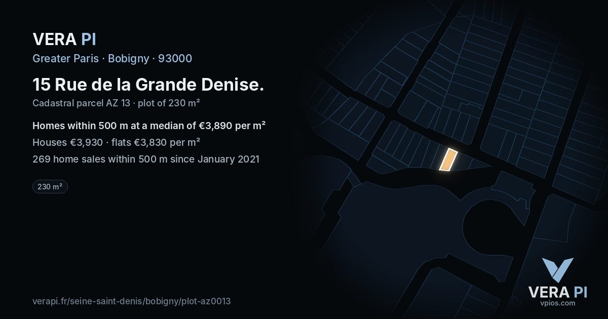 15 Rue de la Grande Denise, Bobigny at night – the plot lit, the parcels around coloured by the prices near them