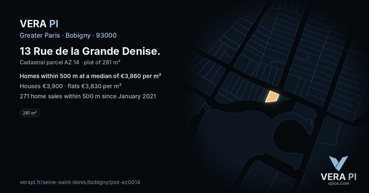13 Rue de la Grande Denise, Bobigny at night – the plot lit, the parcels around coloured by the prices near them