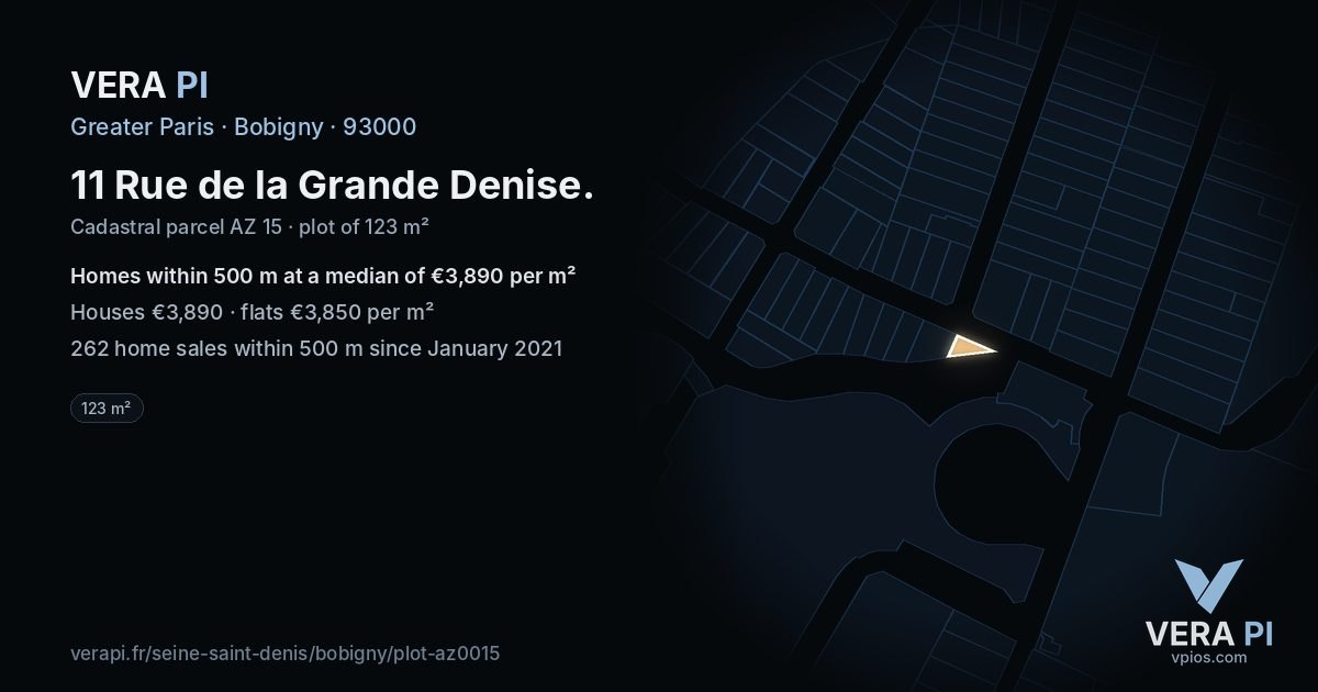 11 Rue de la Grande Denise, Bobigny at night – the plot lit, the parcels around coloured by the prices near them