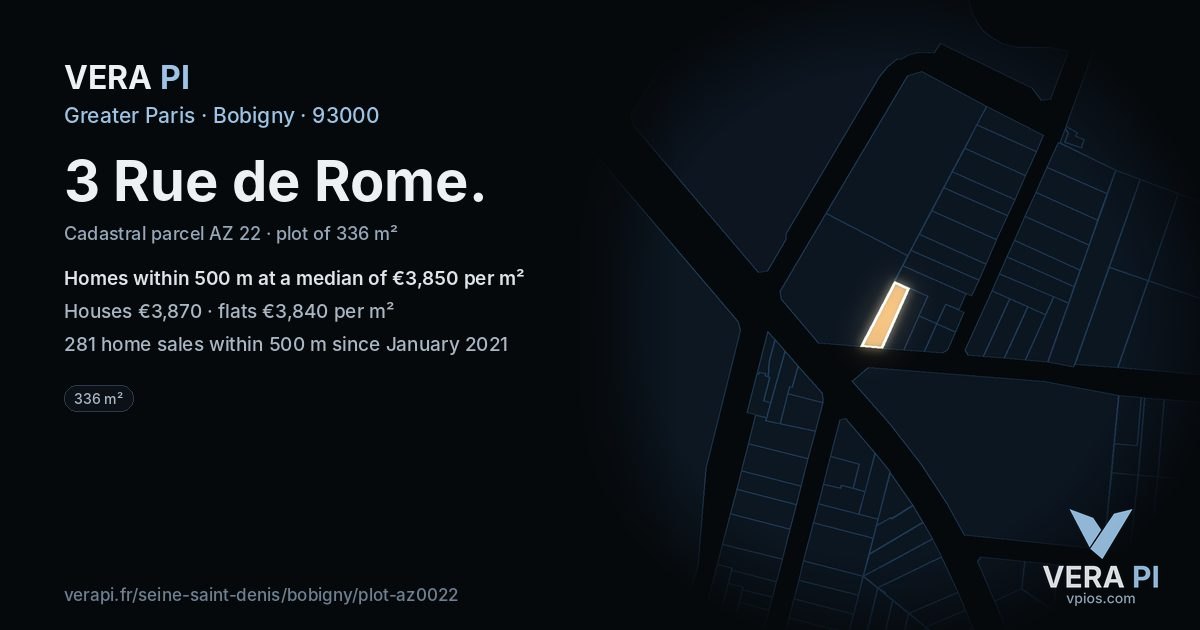 3 Rue de Rome, Bobigny at night – the plot lit, the parcels around coloured by the prices near them