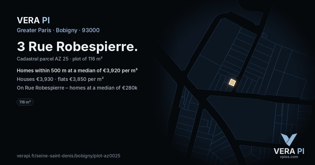 3 Rue Robespierre, Bobigny at night – the plot lit, the parcels around coloured by the prices near them