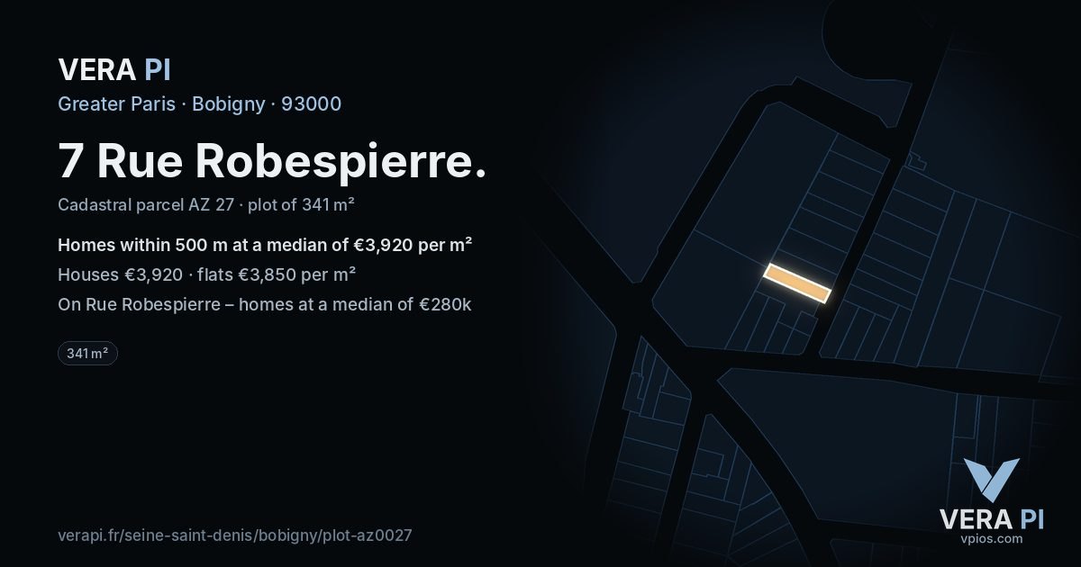 7 Rue Robespierre, Bobigny at night – the plot lit, the parcels around coloured by the prices near them