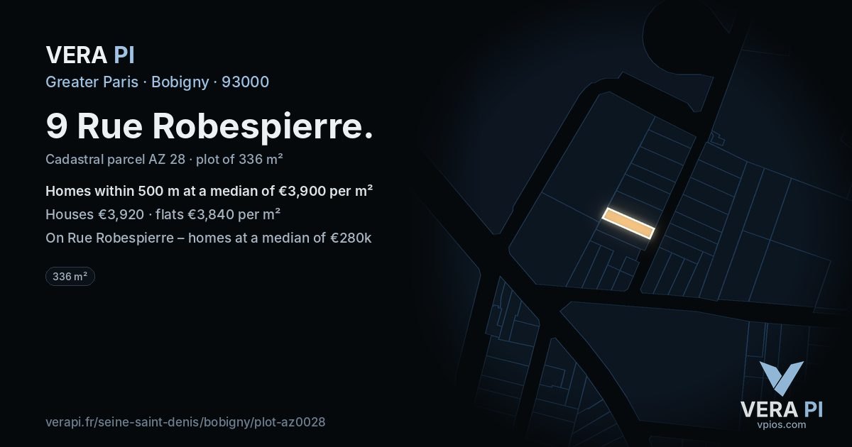 9 Rue Robespierre, Bobigny at night – the plot lit, the parcels around coloured by the prices near them