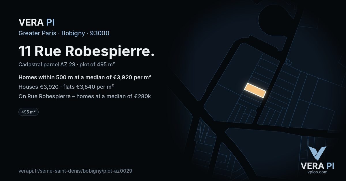 11 Rue Robespierre, Bobigny at night – the plot lit, the parcels around coloured by the prices near them