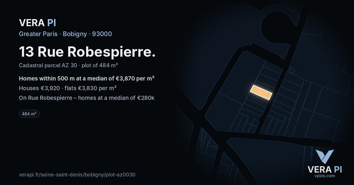13 Rue Robespierre, Bobigny at night – the plot lit, the parcels around coloured by the prices near them