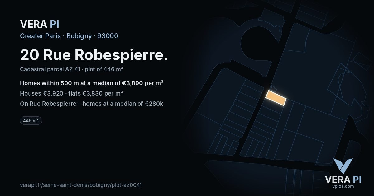 20 Rue Robespierre, Bobigny at night – the plot lit, the parcels around coloured by the prices near them