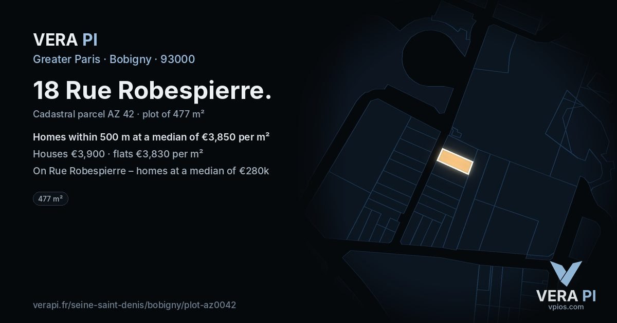 18 Rue Robespierre, Bobigny at night – the plot lit, the parcels around coloured by the prices near them