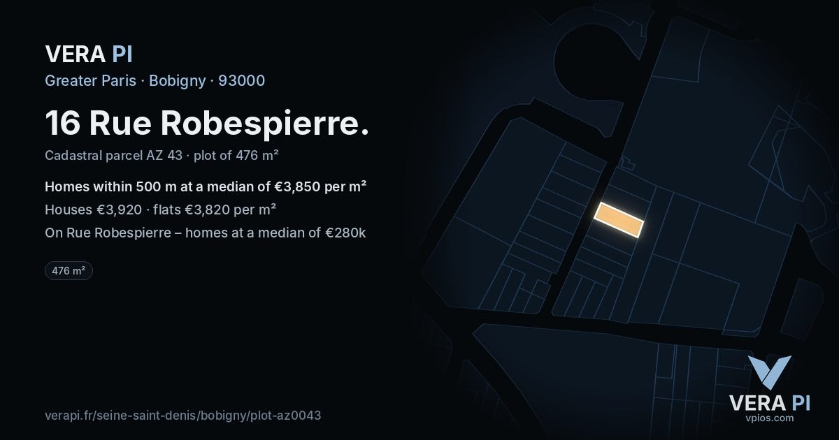 16 Rue Robespierre, Bobigny at night – the plot lit, the parcels around coloured by the prices near them
