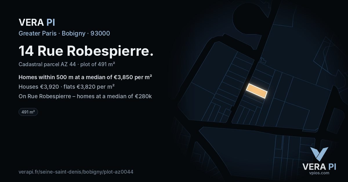 14 Rue Robespierre, Bobigny at night – the plot lit, the parcels around coloured by the prices near them