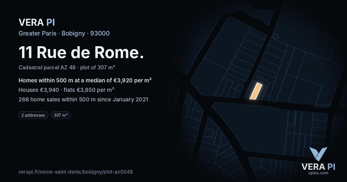 11 Rue de Rome, Bobigny at night – the plot lit, the parcels around coloured by the prices near them