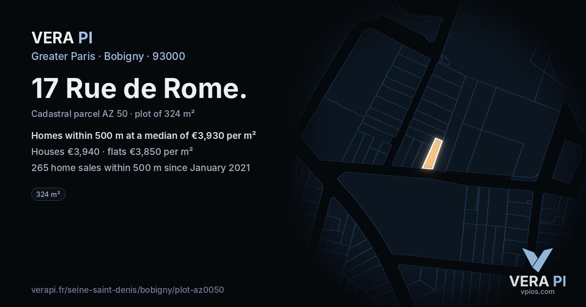 17 Rue de Rome, Bobigny at night – the plot lit, the parcels around coloured by the prices near them