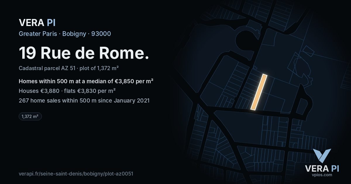 19 Rue de Rome, Bobigny at night – the plot lit, the parcels around coloured by the prices near them