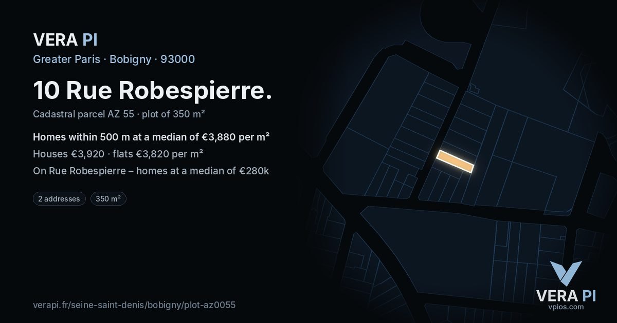 10 Rue Robespierre, Bobigny at night – the plot lit, the parcels around coloured by the prices near them