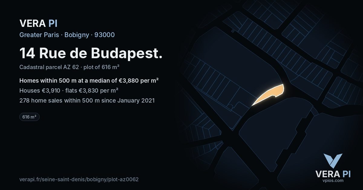 14 Rue de Budapest, Bobigny at night – the plot lit, the parcels around coloured by the prices near them