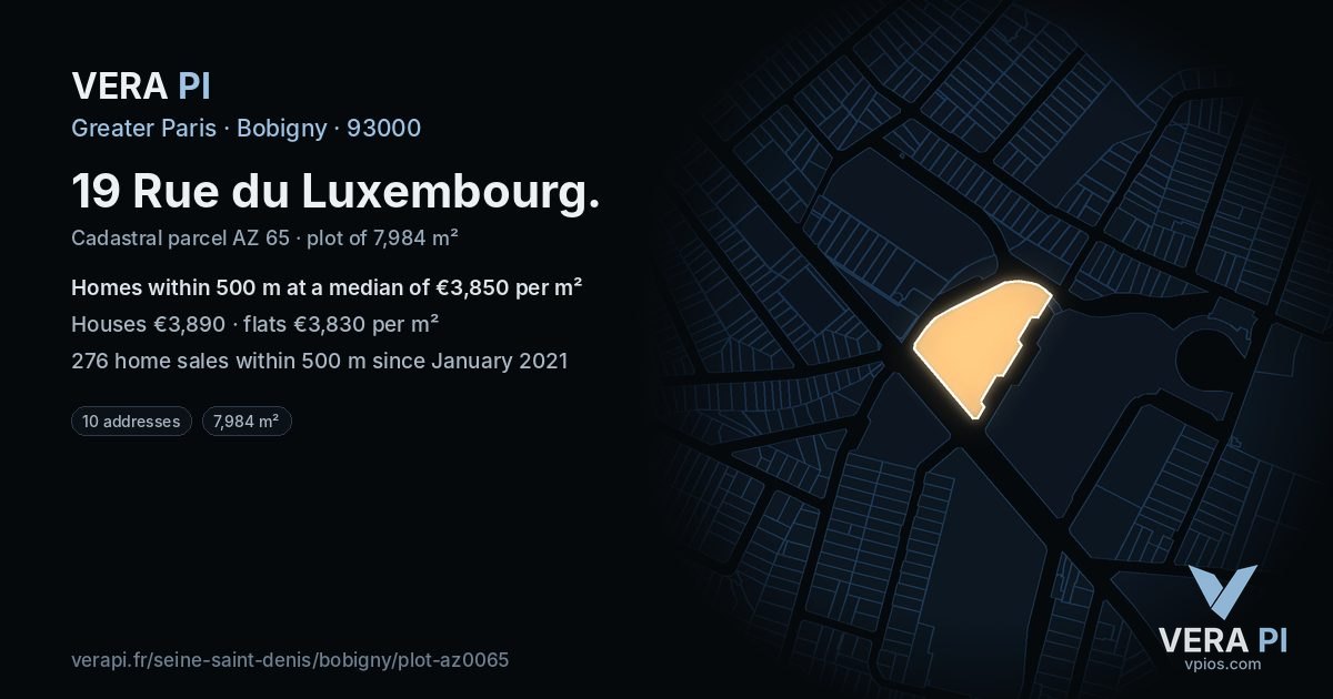19 Rue du Luxembourg, Bobigny at night – the plot lit, the parcels around coloured by the prices near them