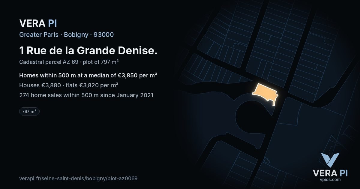 1 Rue de la Grande Denise, Bobigny at night – the plot lit, the parcels around coloured by the prices near them