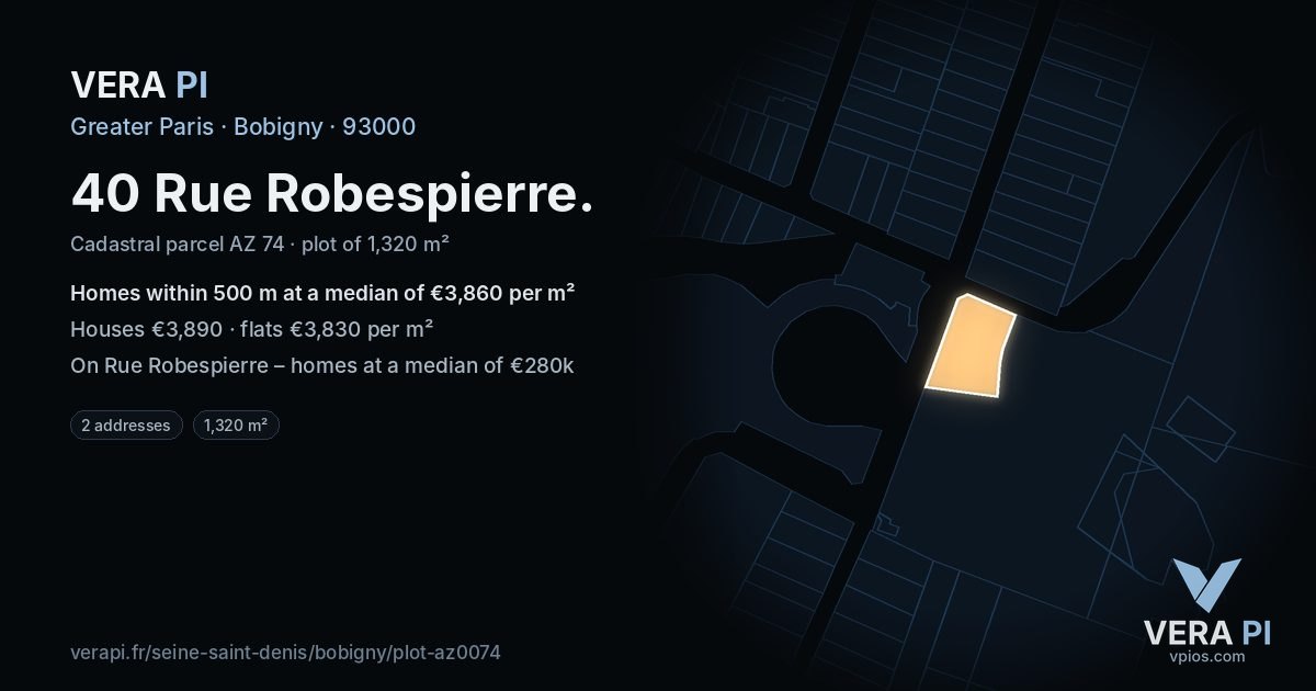 40 Rue Robespierre, Bobigny at night – the plot lit, the parcels around coloured by the prices near them