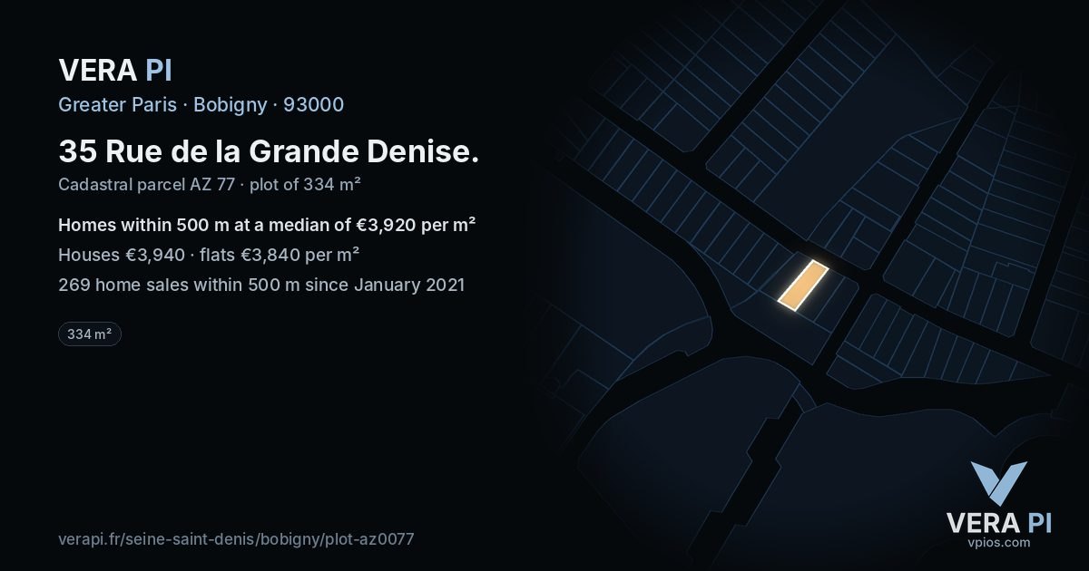 35 Rue de la Grande Denise, Bobigny at night – the plot lit, the parcels around coloured by the prices near them