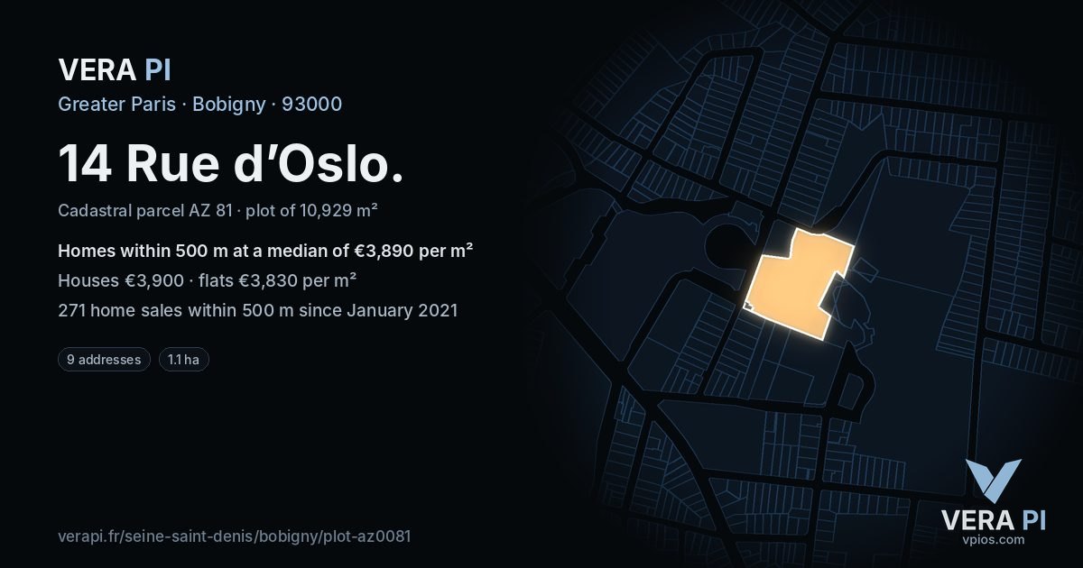 14 Rue d’Oslo, Bobigny at night – the plot lit, the parcels around coloured by the prices near them