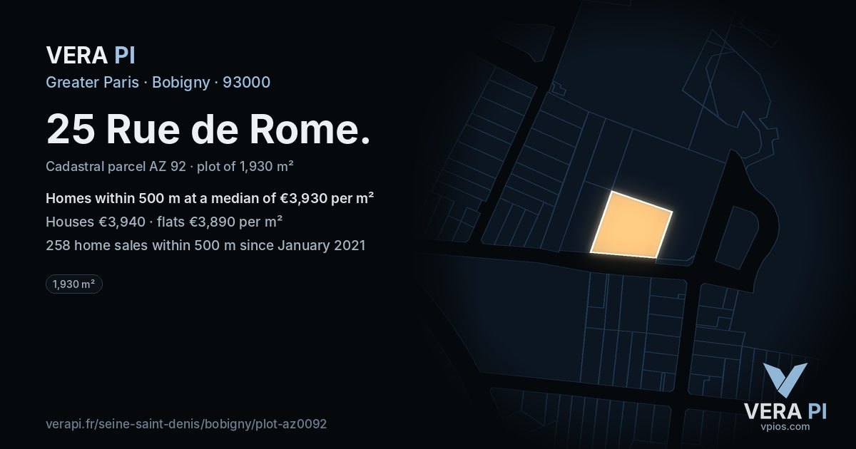 25 Rue de Rome, Bobigny at night – the plot lit, the parcels around coloured by the prices near them