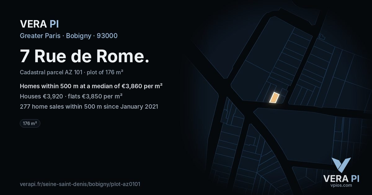 7 Rue de Rome, Bobigny at night – the plot lit, the parcels around coloured by the prices near them