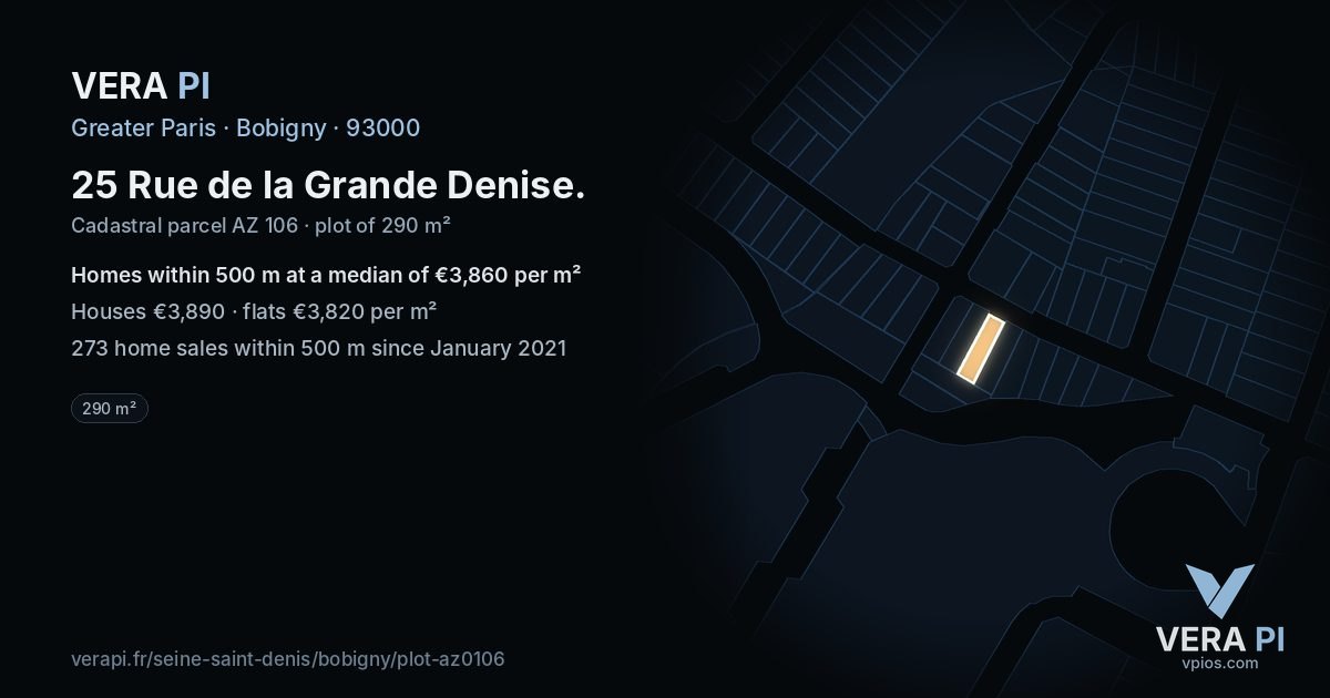 25 Rue de la Grande Denise, Bobigny at night – the plot lit, the parcels around coloured by the prices near them