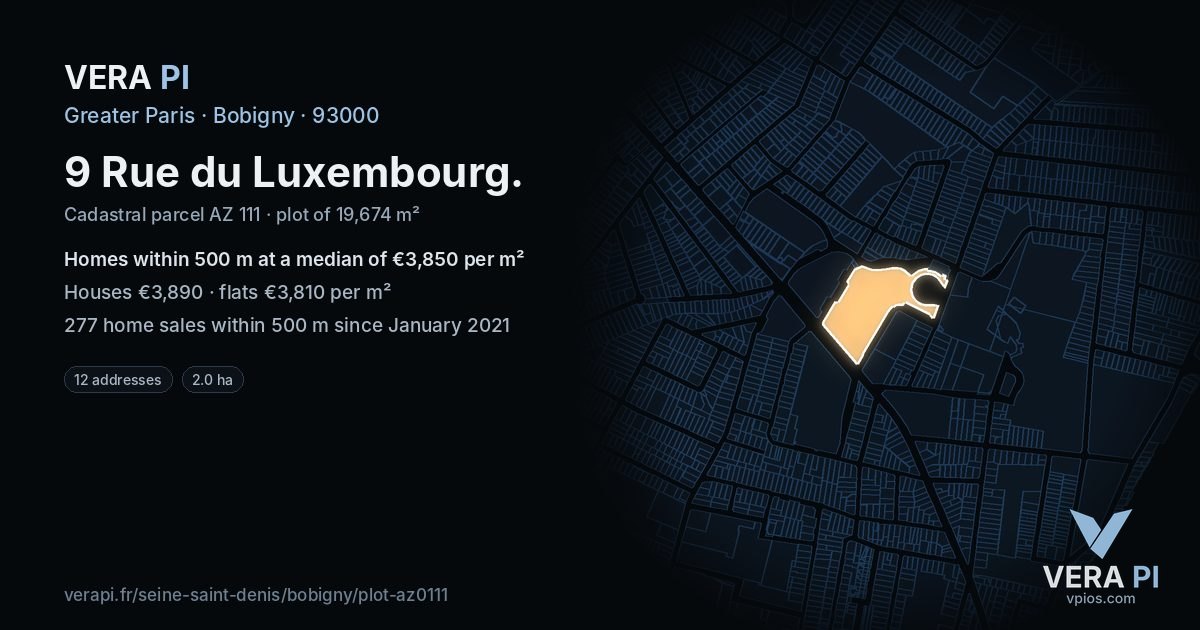 9 Rue du Luxembourg, Bobigny at night – the plot lit, the parcels around coloured by the prices near them