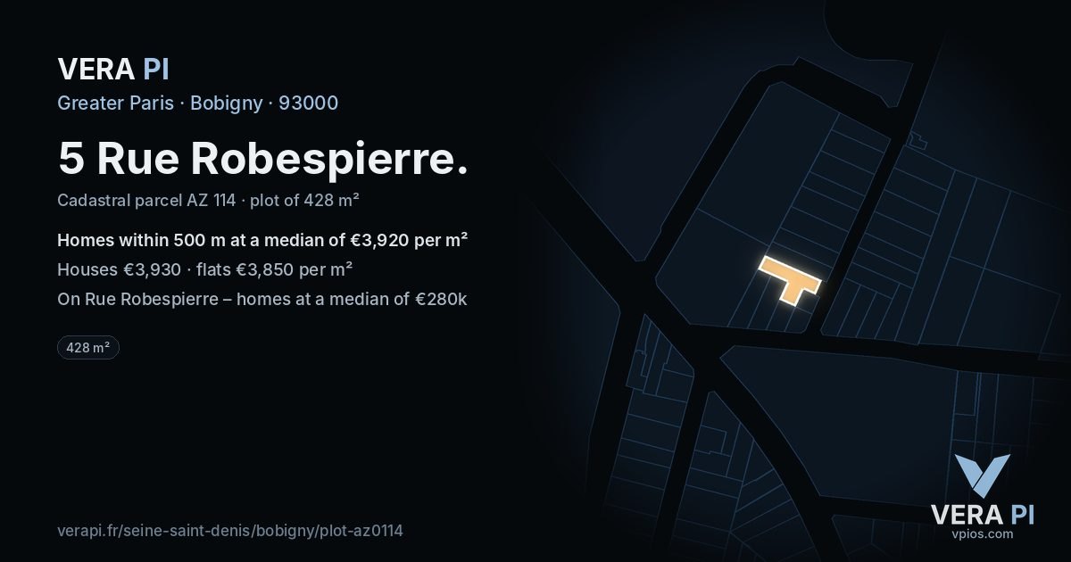 5 Rue Robespierre, Bobigny at night – the plot lit, the parcels around coloured by the prices near them