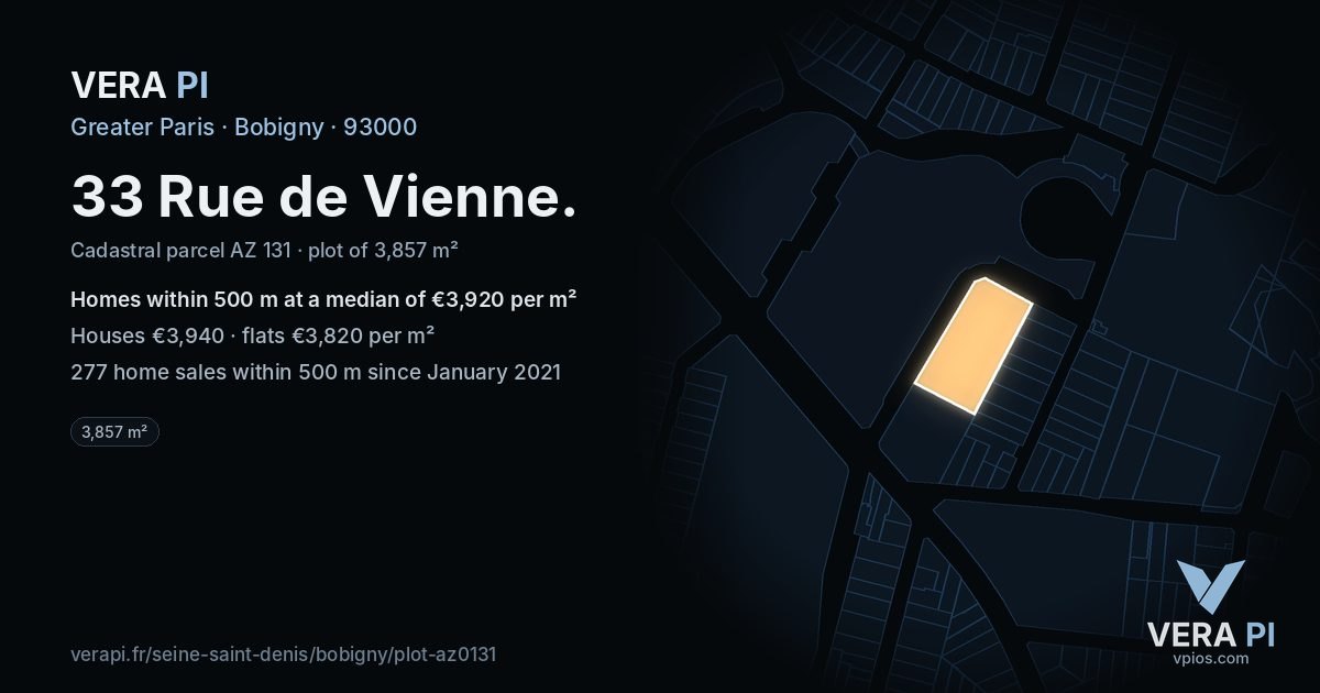 33 Rue de Vienne, Bobigny at night – the plot lit, the parcels around coloured by the prices near them
