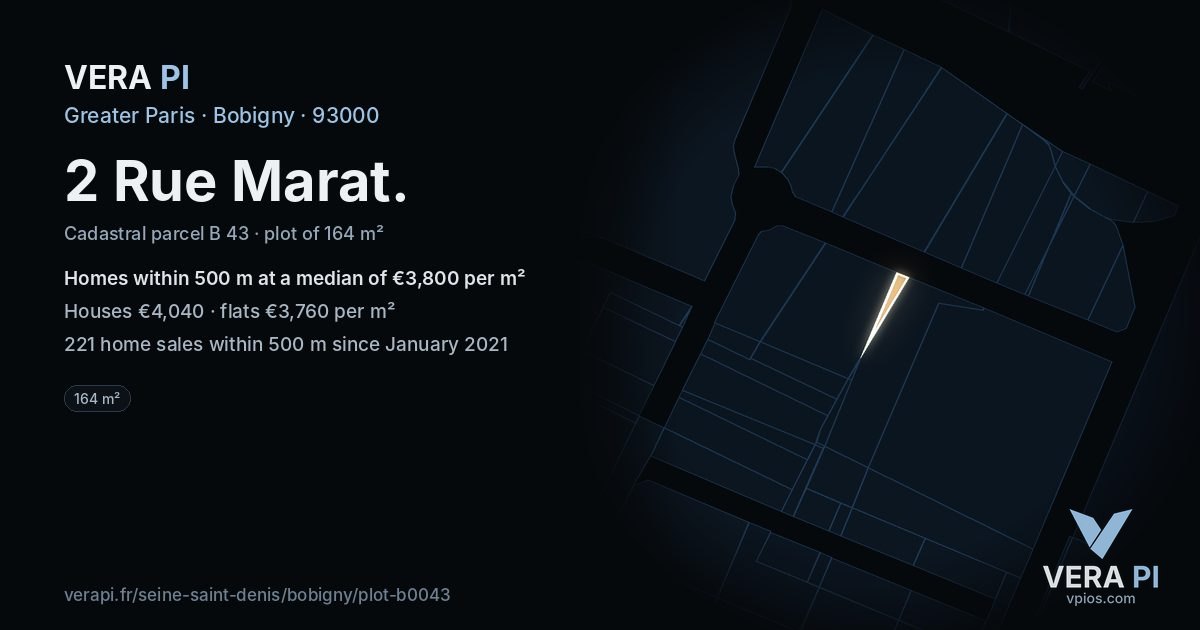 2 Rue Marat, Bobigny at night – the plot lit, the parcels around coloured by the prices near them