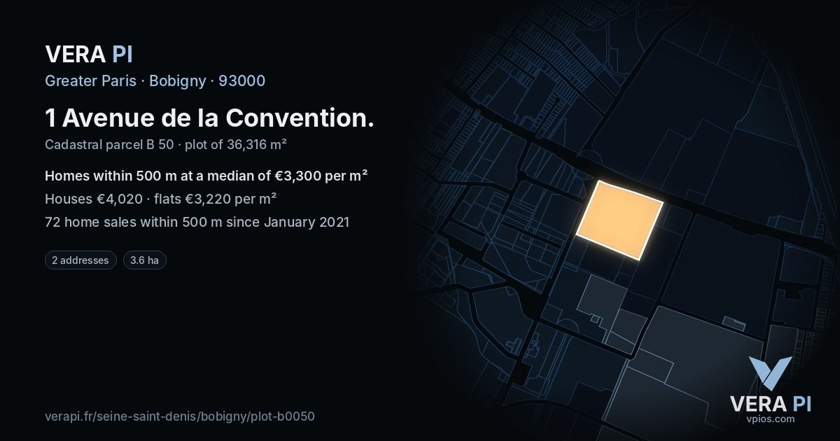 1 Avenue de la Convention, Bobigny at night – the plot lit, the parcels around coloured by the prices near them