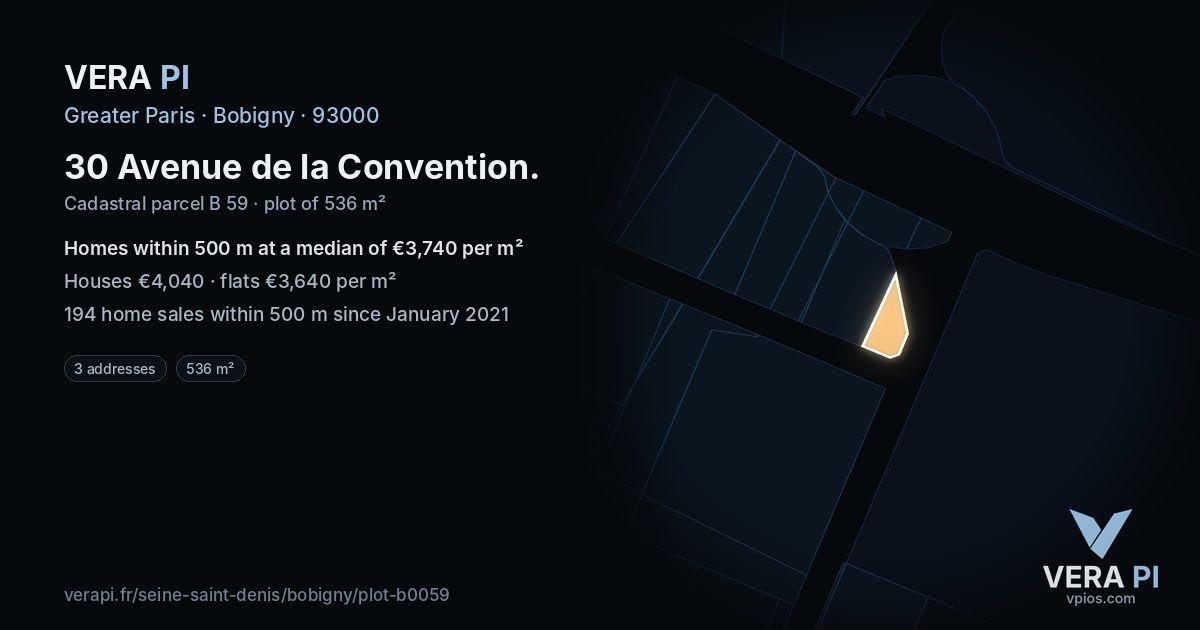 30 Avenue de la Convention, Bobigny at night – the plot lit, the parcels around coloured by the prices near them