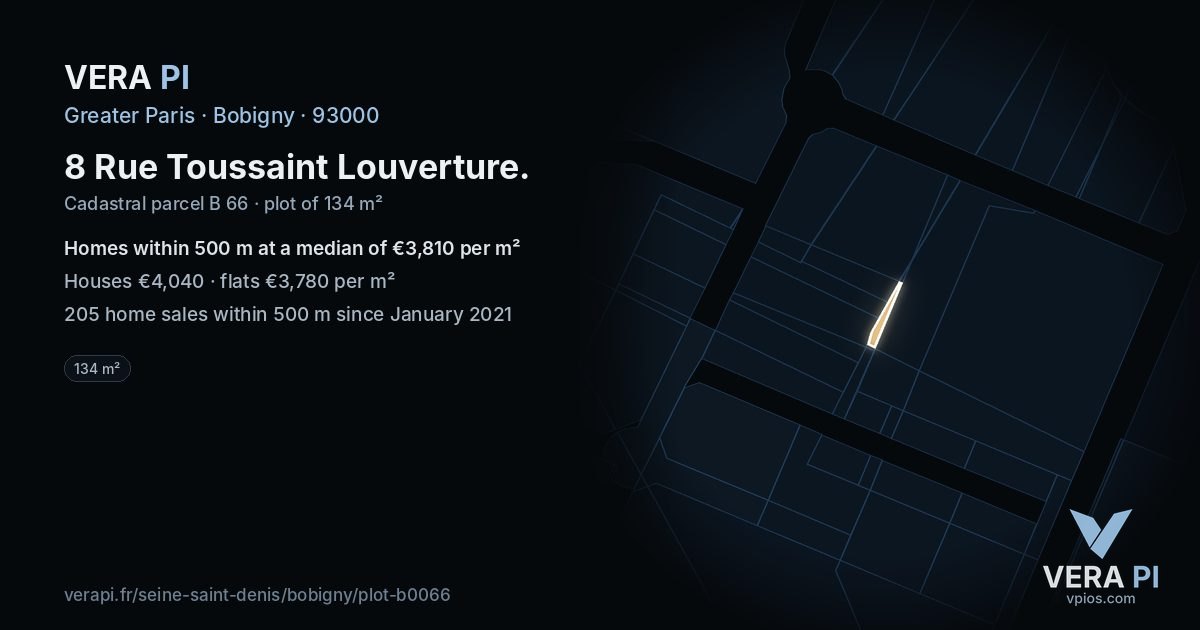 8 Rue Toussaint Louverture, Bobigny at night – the plot lit, the parcels around coloured by the prices near them