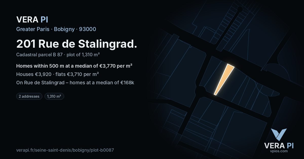 201 Rue de Stalingrad, Bobigny at night – the plot lit, the parcels around coloured by the prices near them