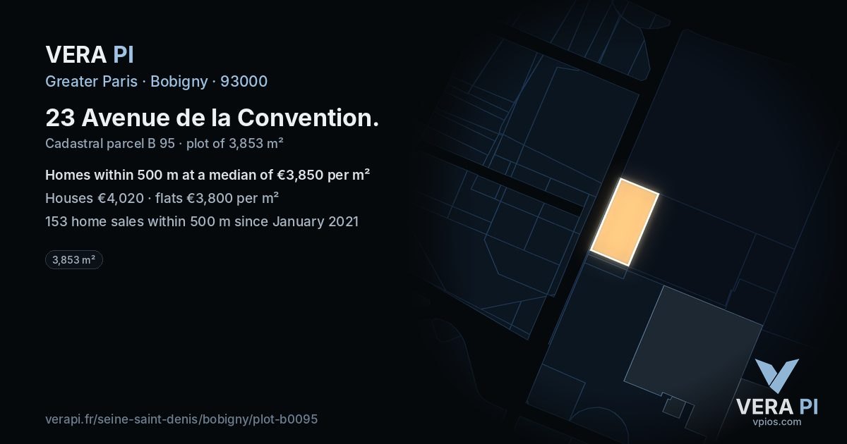23 Avenue de la Convention, Bobigny at night – the plot lit, the parcels around coloured by the prices near them