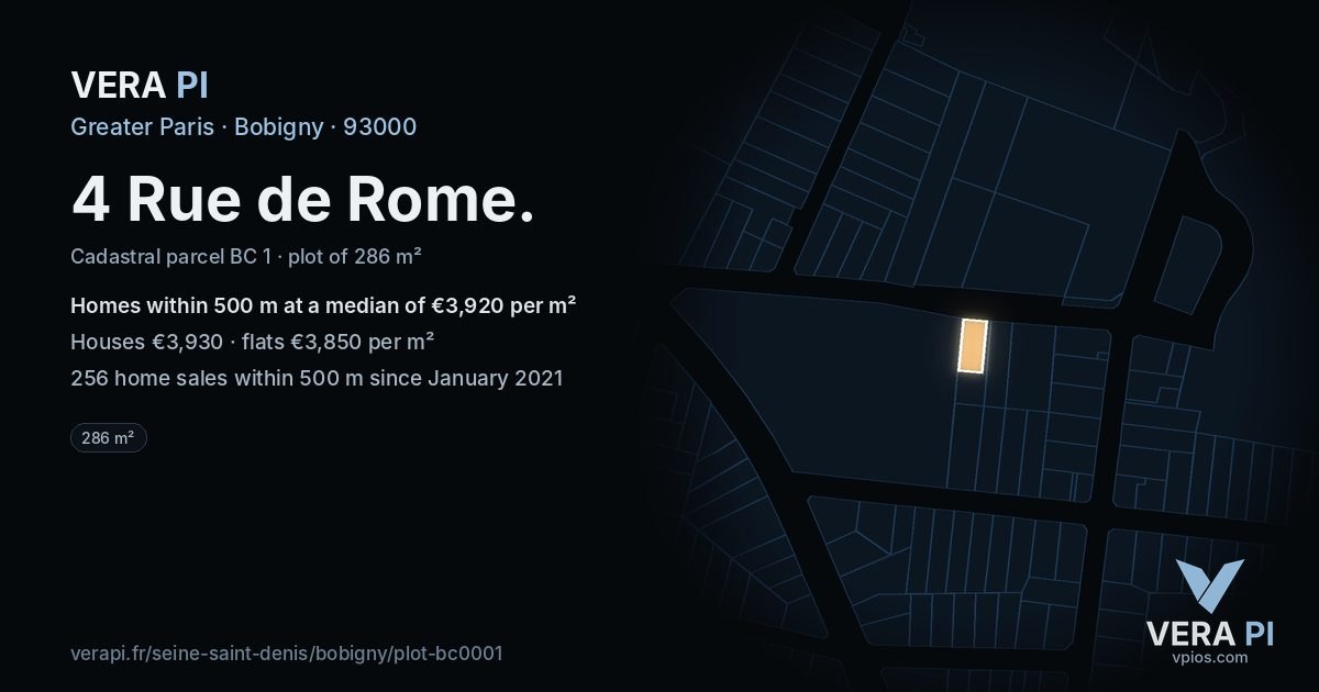 4 Rue de Rome, Bobigny at night – the plot lit, the parcels around coloured by the prices near them