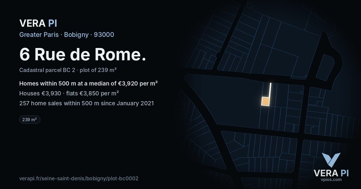 6 Rue de Rome, Bobigny at night – the plot lit, the parcels around coloured by the prices near them