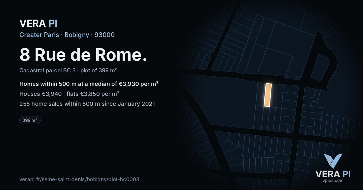 8 Rue de Rome, Bobigny at night – the plot lit, the parcels around coloured by the prices near them