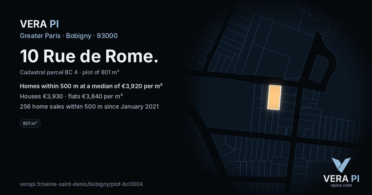 10 Rue de Rome, Bobigny at night – the plot lit, the parcels around coloured by the prices near them
