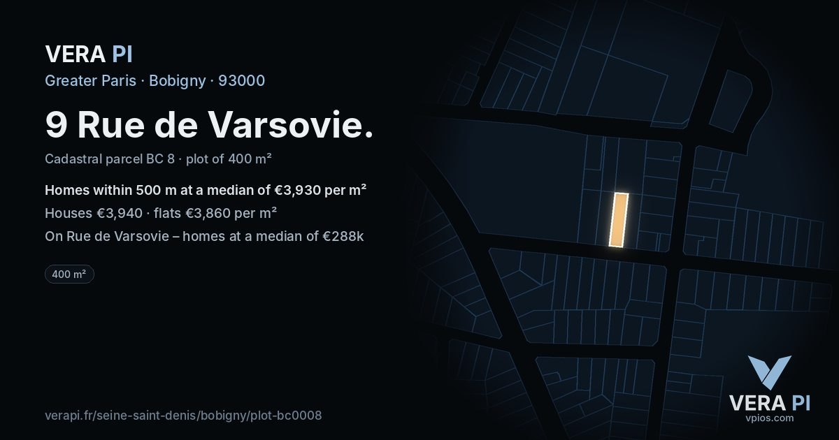 9 Rue de Varsovie, Bobigny at night – the plot lit, the parcels around coloured by the prices near them