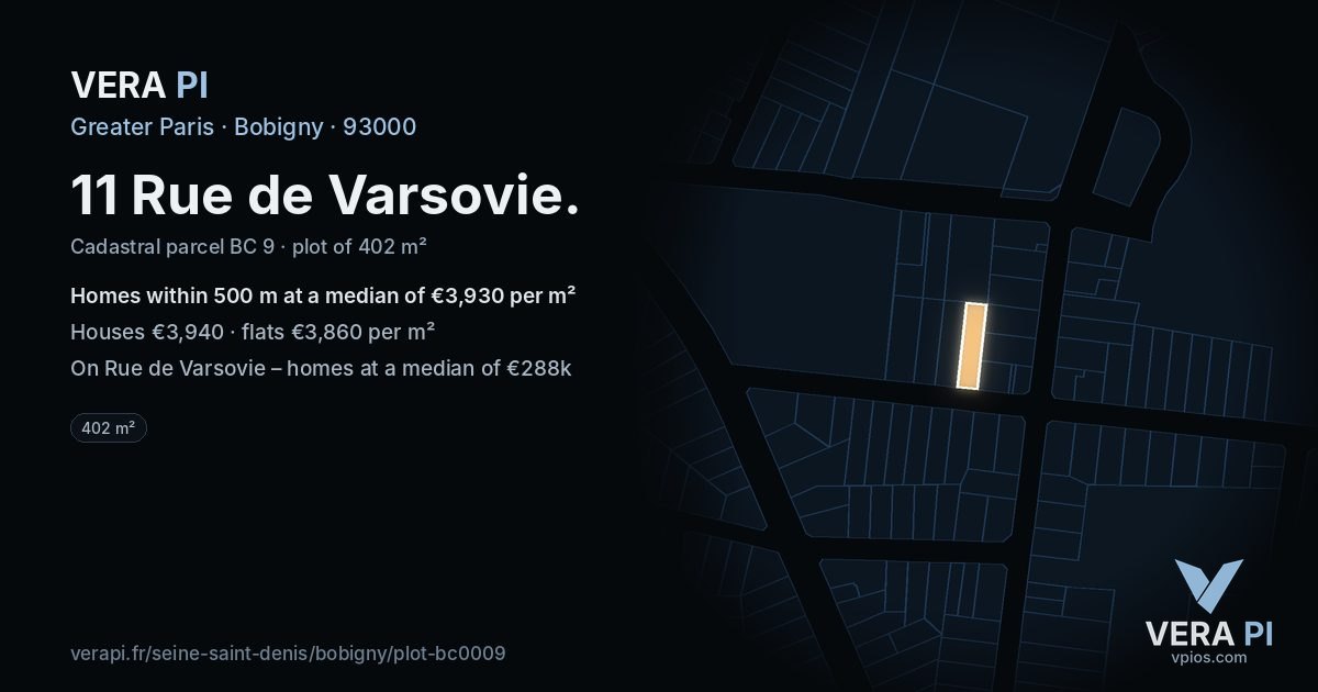 11 Rue de Varsovie, Bobigny at night – the plot lit, the parcels around coloured by the prices near them