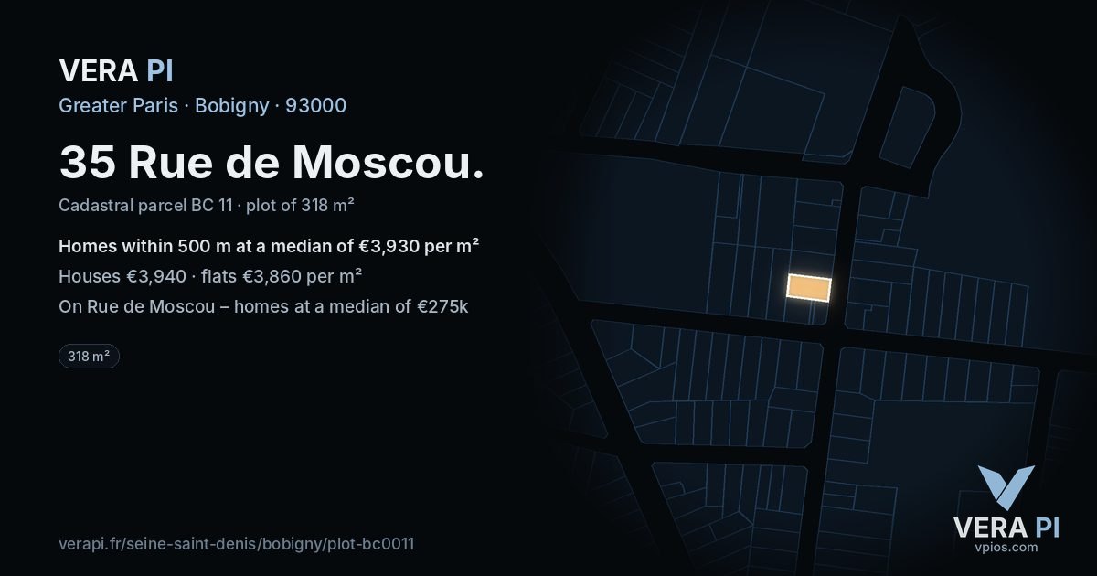 35 Rue de Moscou, Bobigny at night – the plot lit, the parcels around coloured by the prices near them
