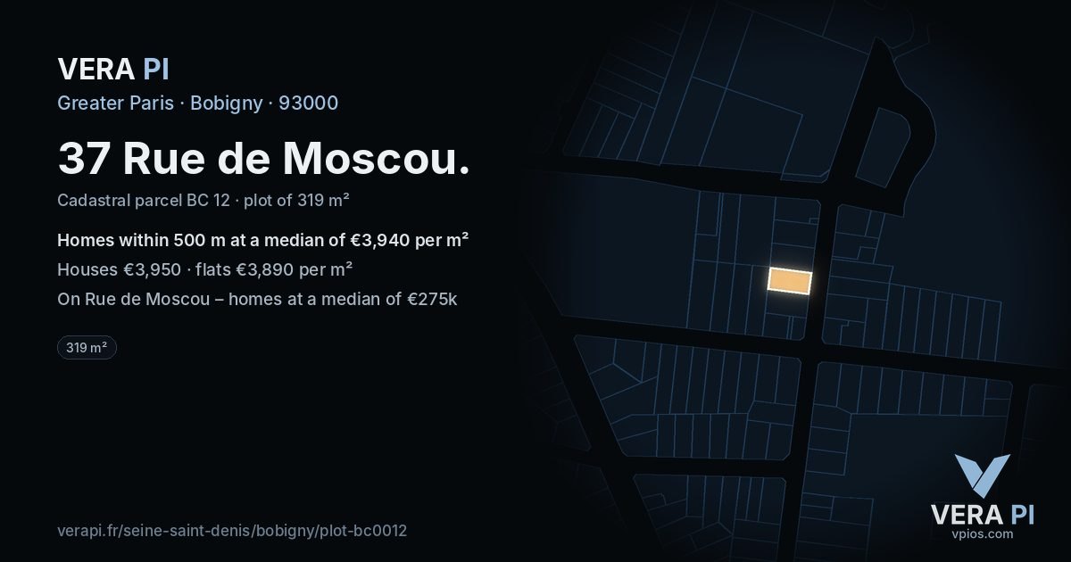 37 Rue de Moscou, Bobigny at night – the plot lit, the parcels around coloured by the prices near them