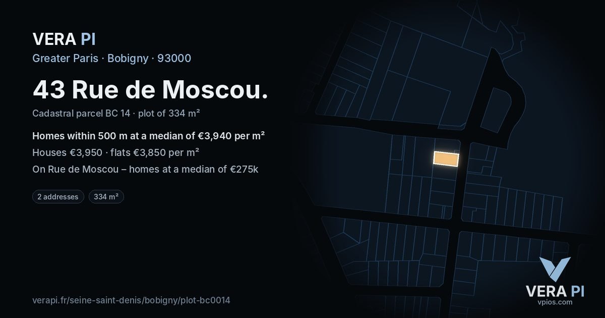 43 Rue de Moscou, Bobigny at night – the plot lit, the parcels around coloured by the prices near them