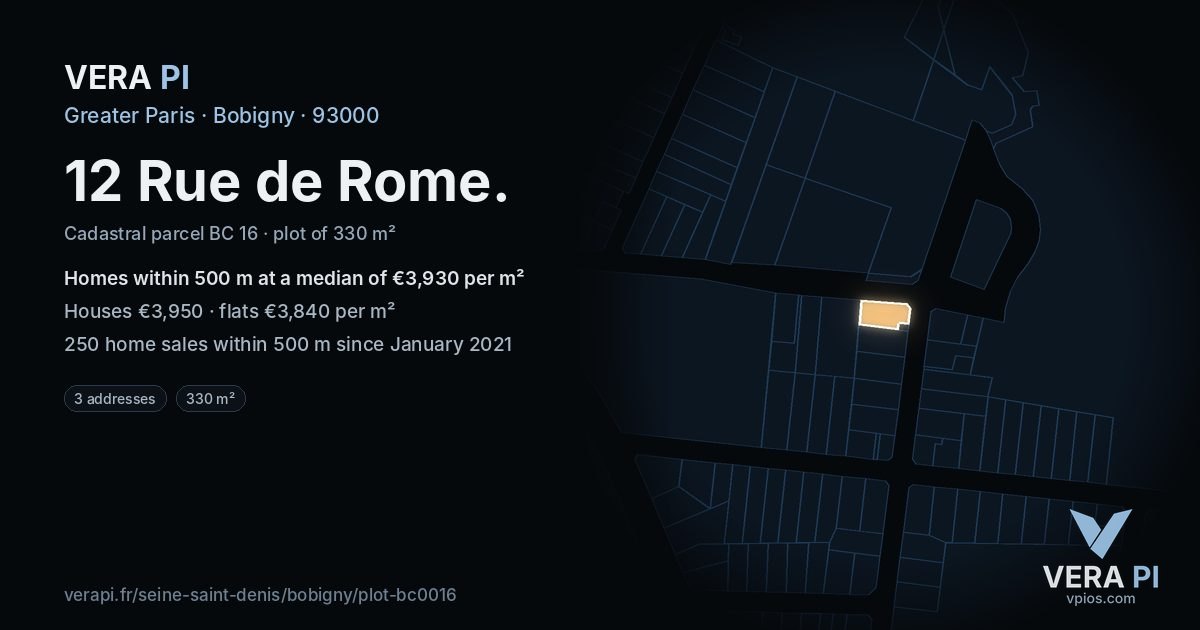 12 Rue de Rome, Bobigny at night – the plot lit, the parcels around coloured by the prices near them