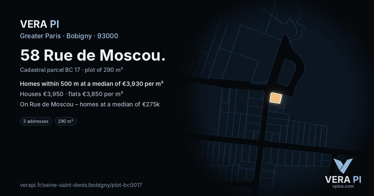 58 Rue de Moscou, Bobigny at night – the plot lit, the parcels around coloured by the prices near them