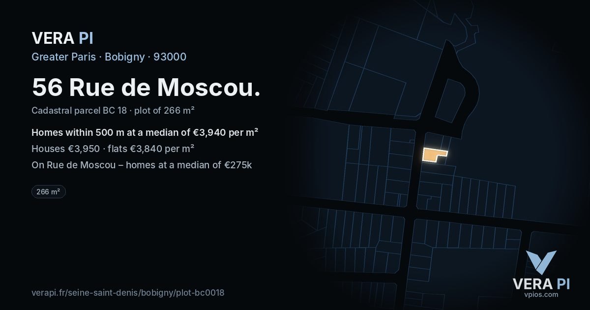 56 Rue de Moscou, Bobigny at night – the plot lit, the parcels around coloured by the prices near them
