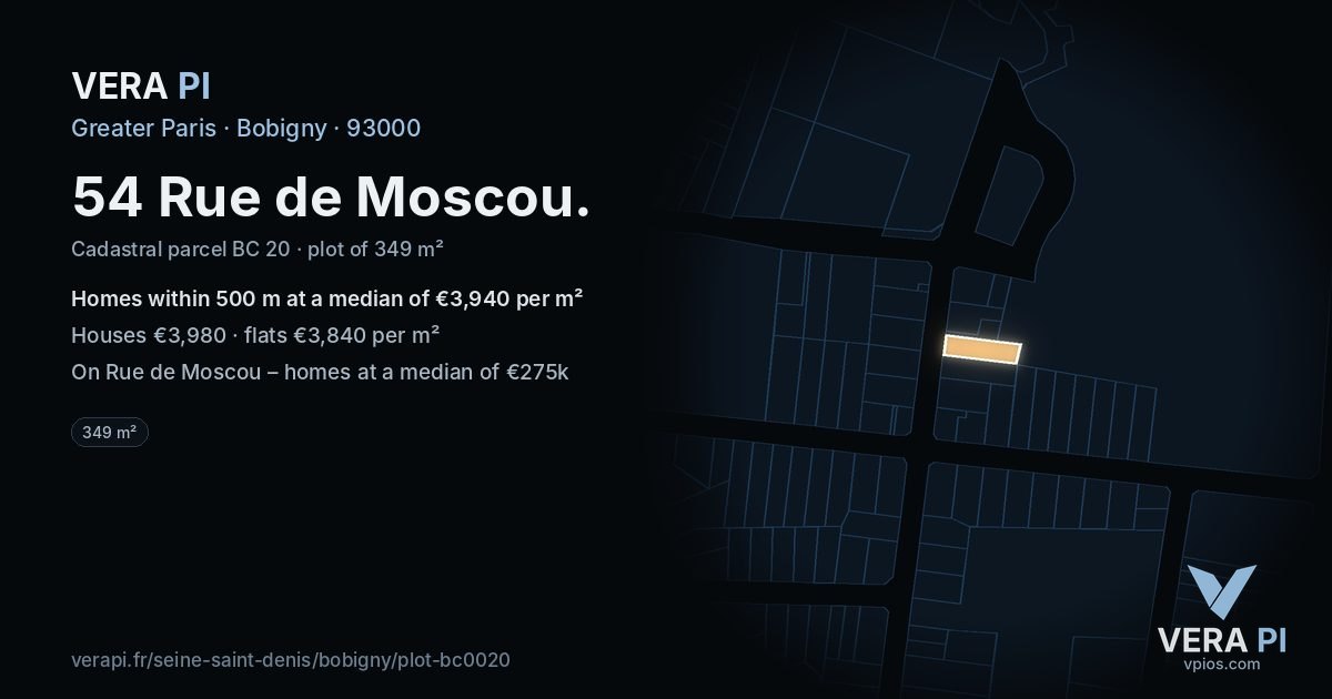 54 Rue de Moscou, Bobigny at night – the plot lit, the parcels around coloured by the prices near them
