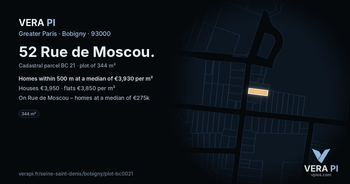 52 Rue de Moscou, Bobigny at night – the plot lit, the parcels around coloured by the prices near them