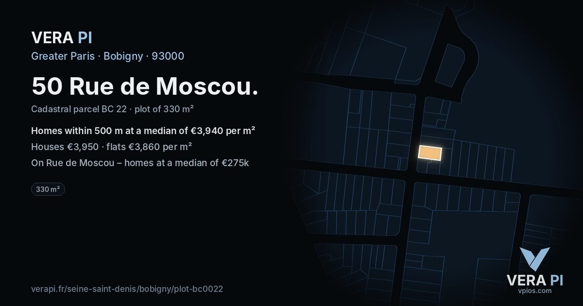 50 Rue de Moscou, Bobigny at night – the plot lit, the parcels around coloured by the prices near them